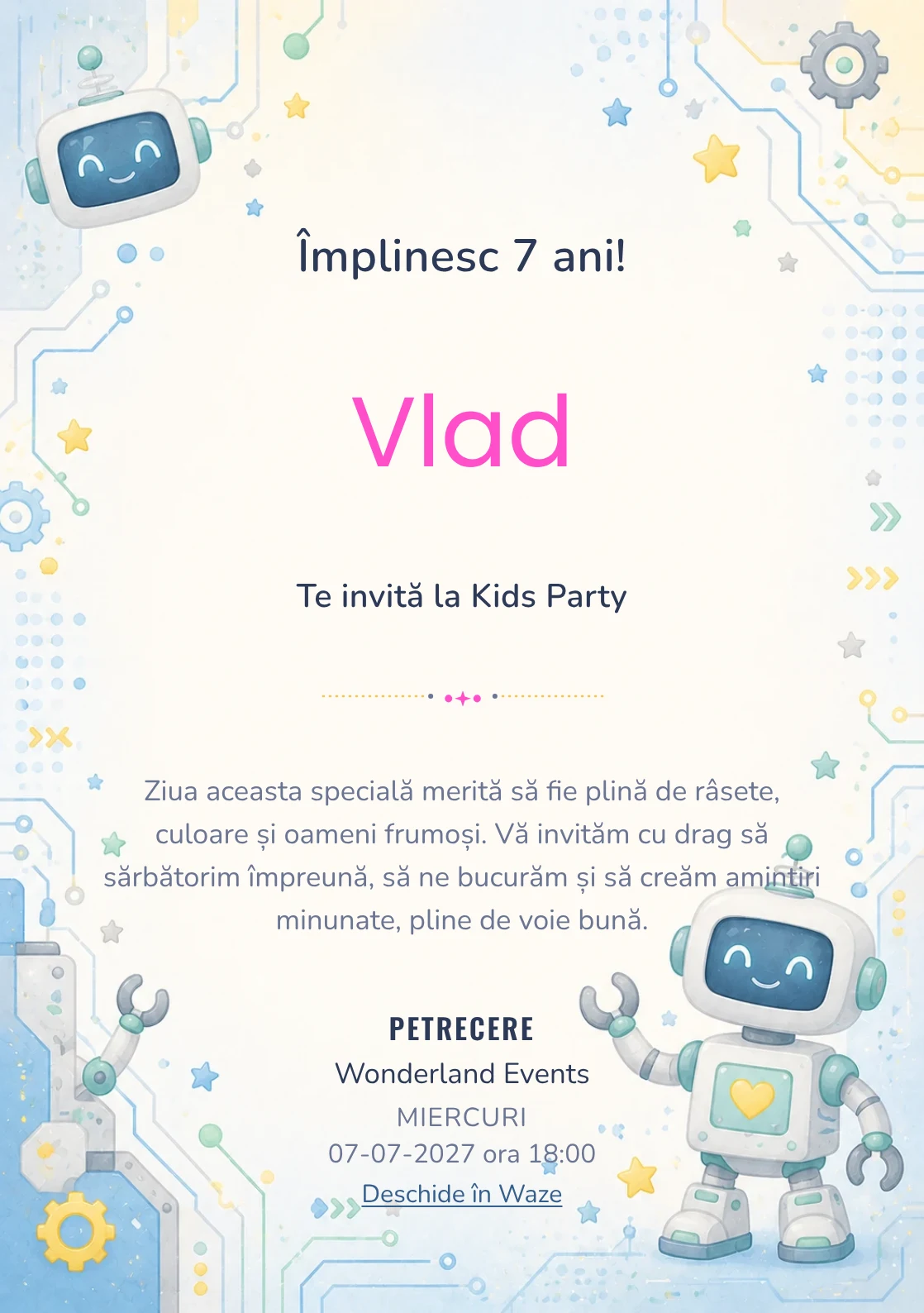 Invitație la ziua de naștere Roboței Veseli pentru copii, cu roboței prietenoși, circuite rotunjite și stele laterale.