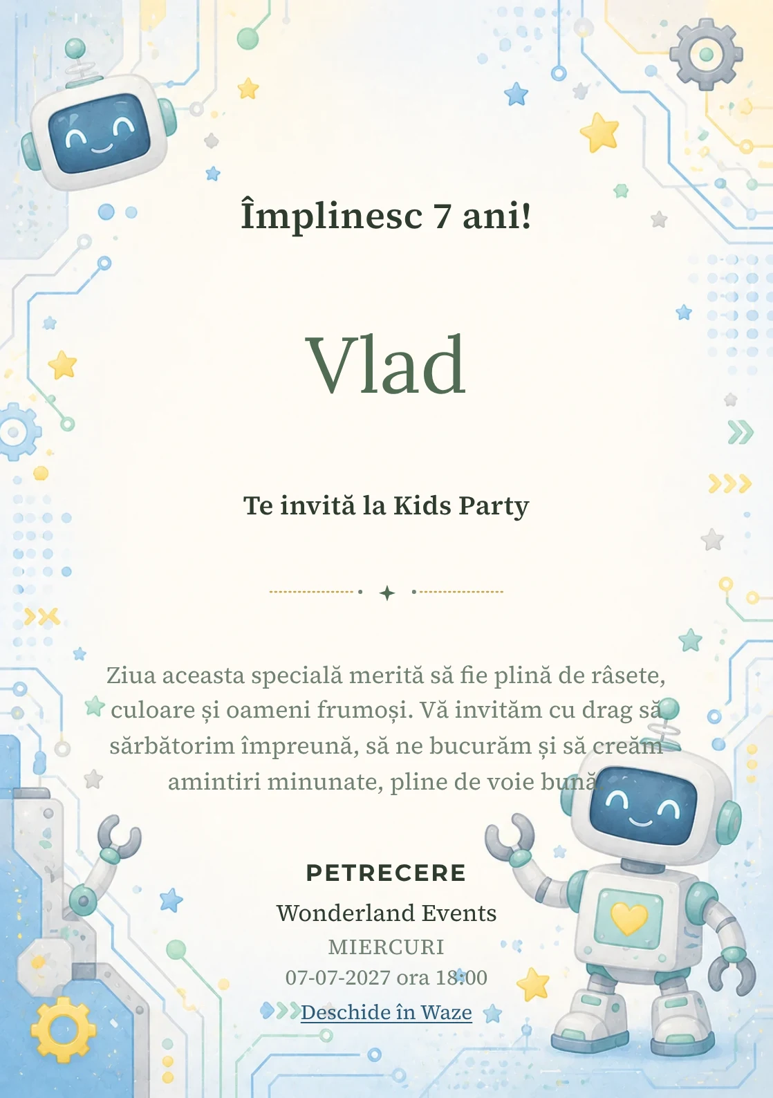 Invitație la ziua de naștere Roboței Veseli pentru copii, cu roboței prietenoși, circuite rotunjite și stele laterale.