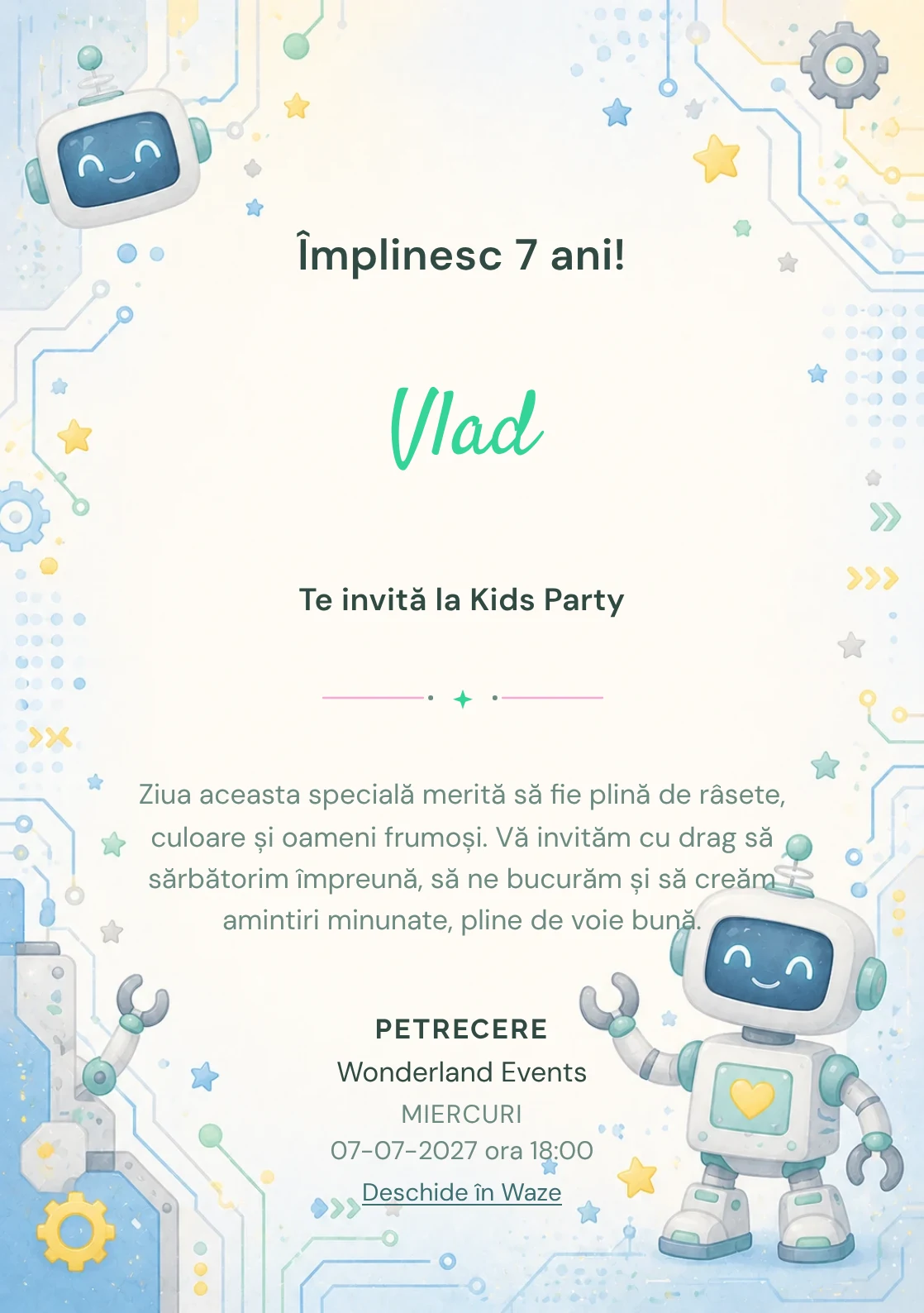 Invitație la ziua de naștere Roboței Veseli pentru copii, cu roboței prietenoși, circuite rotunjite și stele laterale.