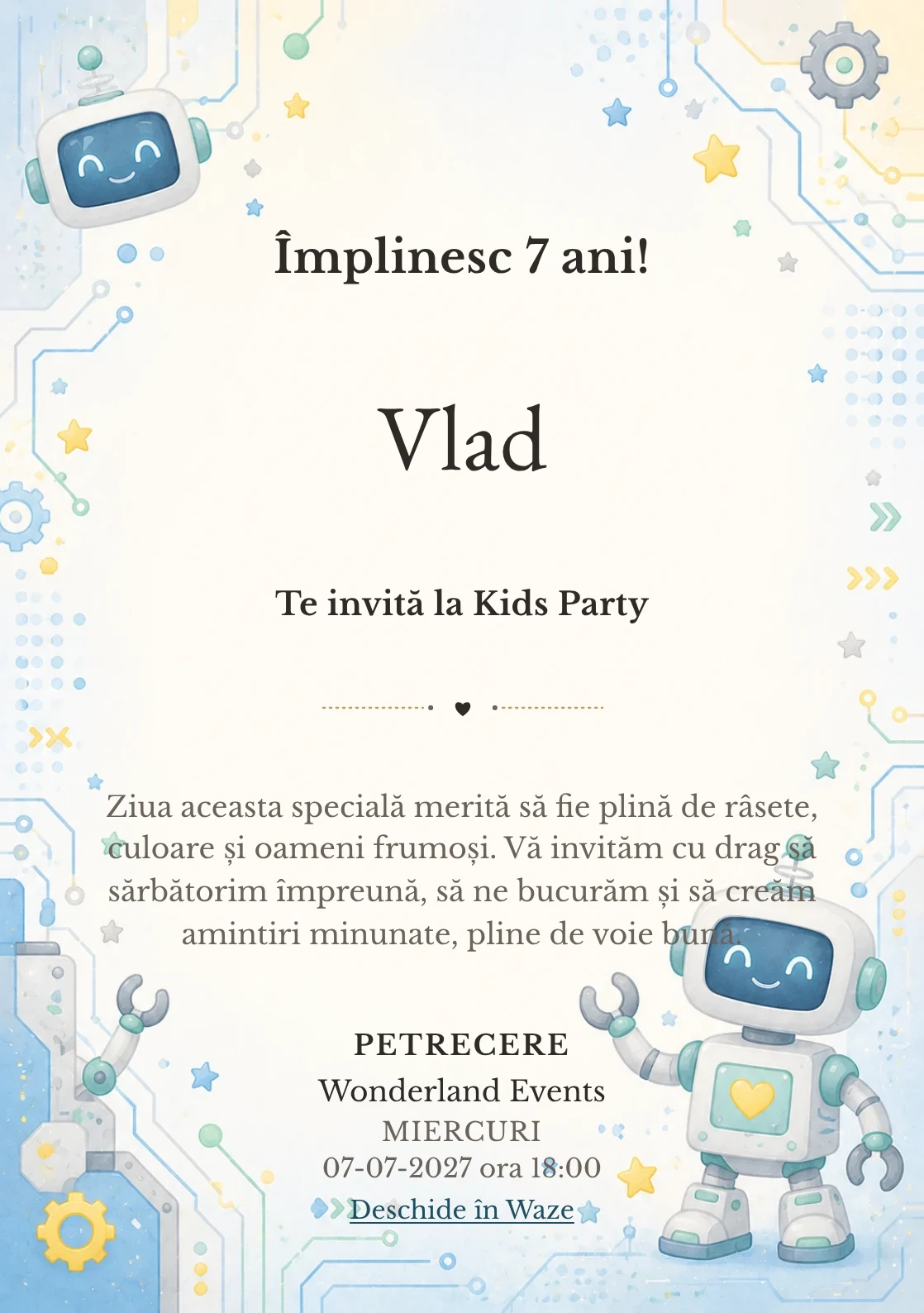 Invitație la ziua de naștere Roboței Veseli pentru copii, cu roboței prietenoși, circuite rotunjite și stele laterale.