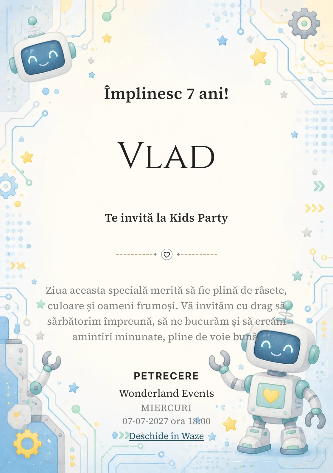 Invitație la ziua de naștere Roboței Veseli pentru copii, cu roboței prietenoși, circuite rotunjite și stele laterale.