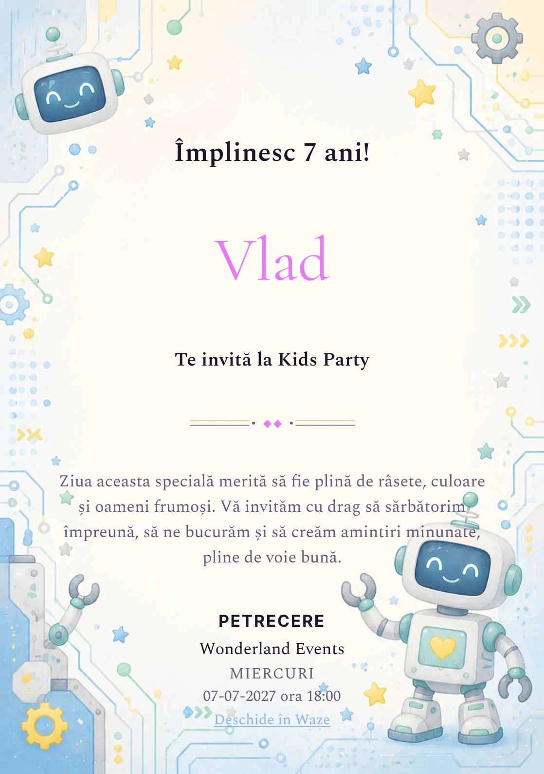 Invitație la ziua de naștere Roboței Veseli pentru copii, cu roboței prietenoși, circuite rotunjite și stele laterale.