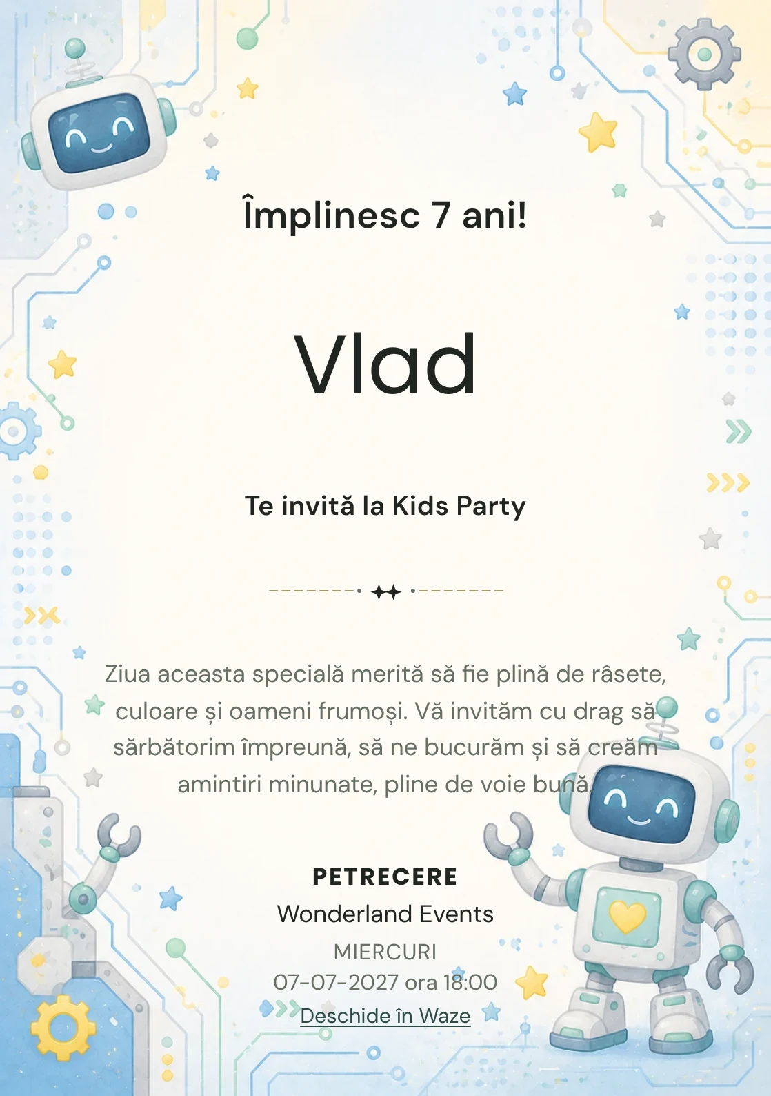 Invitație la ziua de naștere Roboței Veseli pentru copii, cu roboței prietenoși, circuite rotunjite și stele laterale.