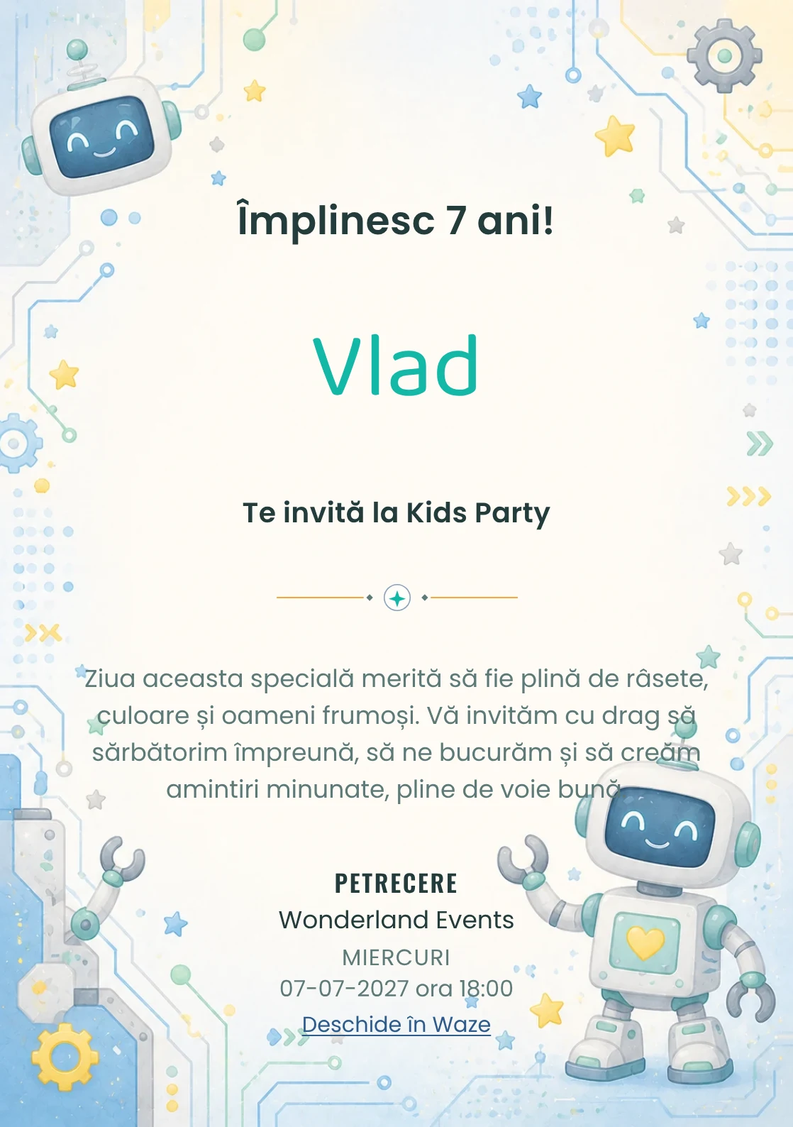 Invitație la ziua de naștere Roboței Veseli pentru copii, cu roboței prietenoși, circuite rotunjite și stele laterale.