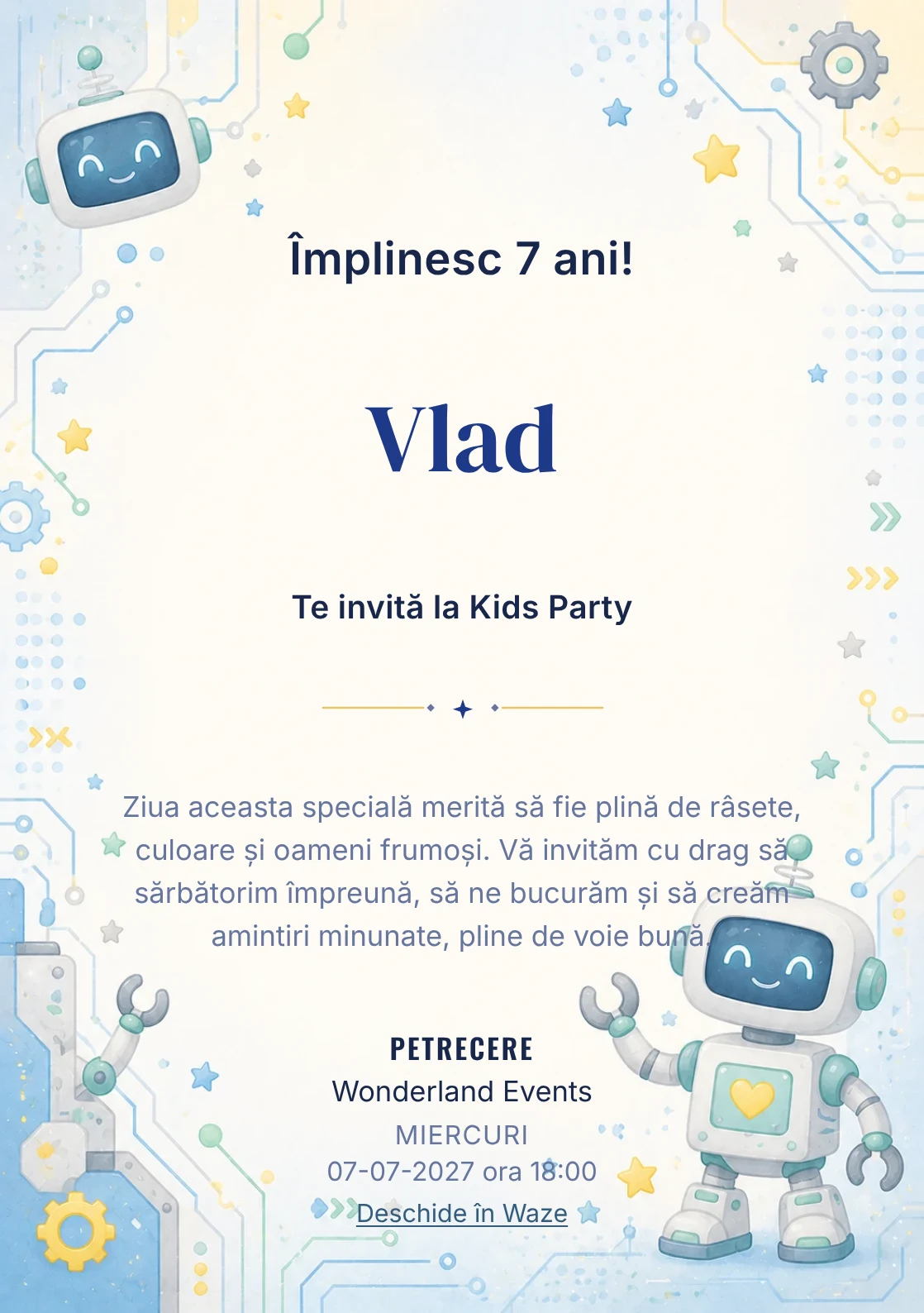 Invitație la ziua de naștere Roboței Veseli pentru copii, cu roboței prietenoși, circuite rotunjite și stele laterale.