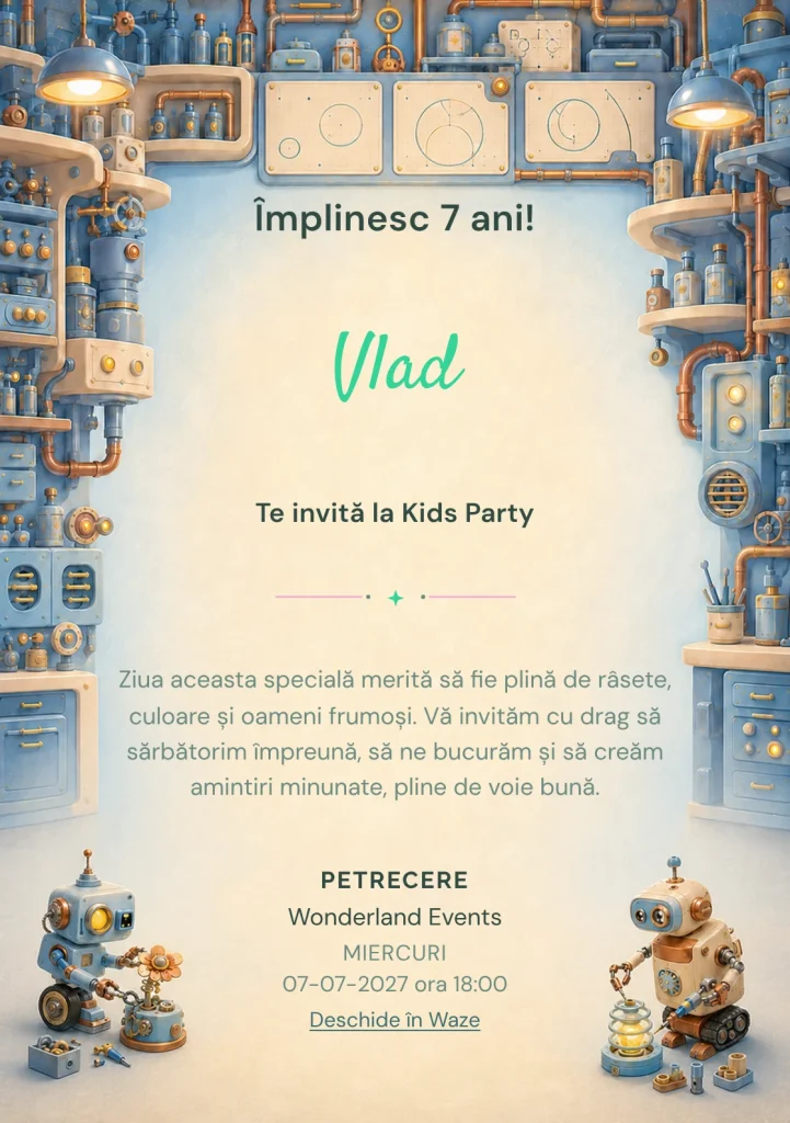 Invitație la ziua de naștere Roboții Inventatori pentru copii, cu doi roboți, asimetrici, cu corpuri modulare.