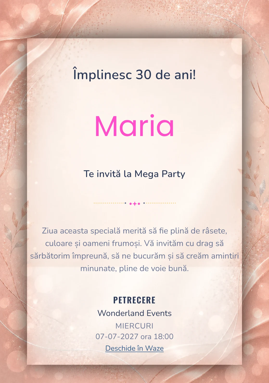 Invitație la zi de naștere Rose Gold pentru adulți, cu textură satinată, lumini defocalizate și sclipiri rose-gold.