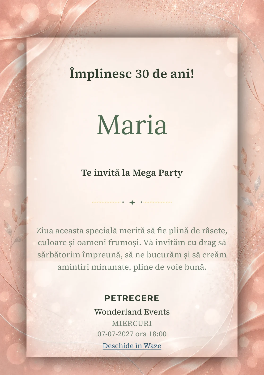 Invitație la zi de naștere Rose Gold pentru adulți, cu textură satinată, lumini defocalizate și sclipiri rose-gold.