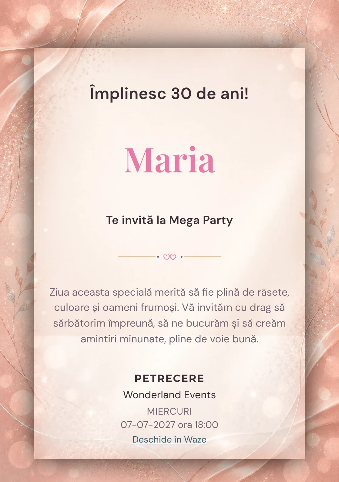 Invitație la zi de naștere Rose Gold pentru adulți, cu textură satinată, lumini defocalizate și sclipiri rose-gold.