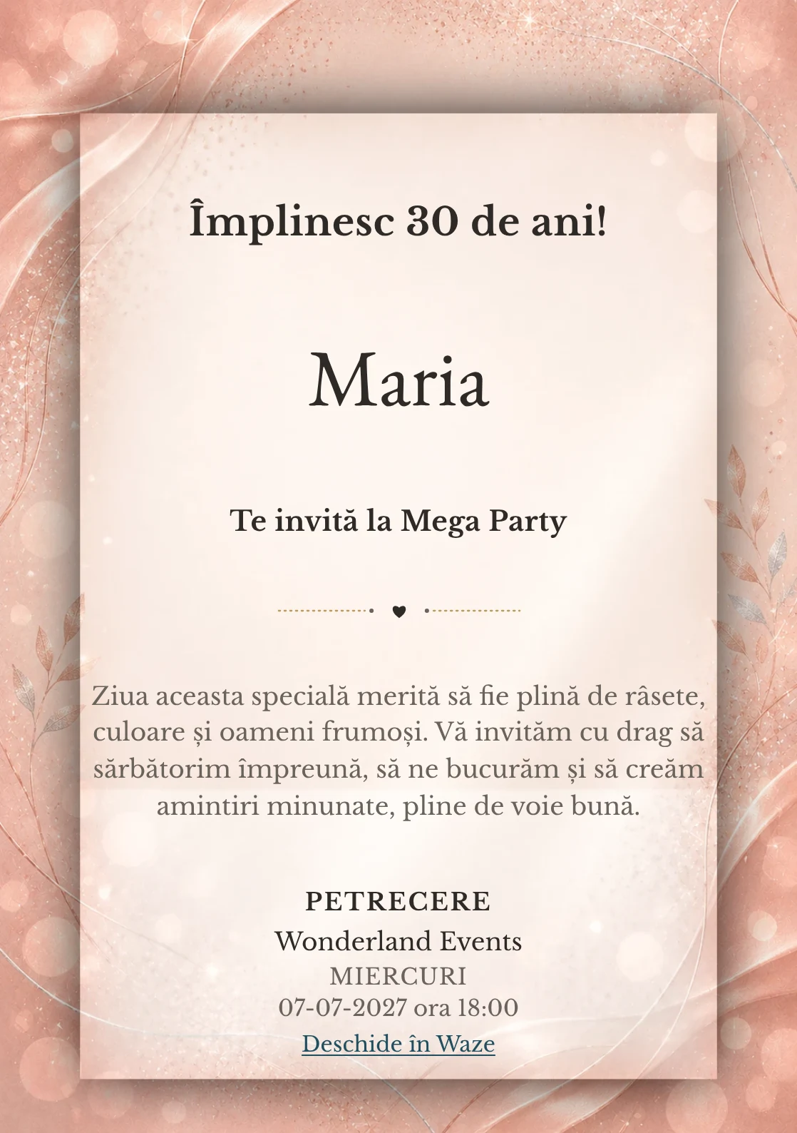 Invitație la zi de naștere Rose Gold pentru adulți, cu textură satinată, lumini defocalizate și sclipiri rose-gold.