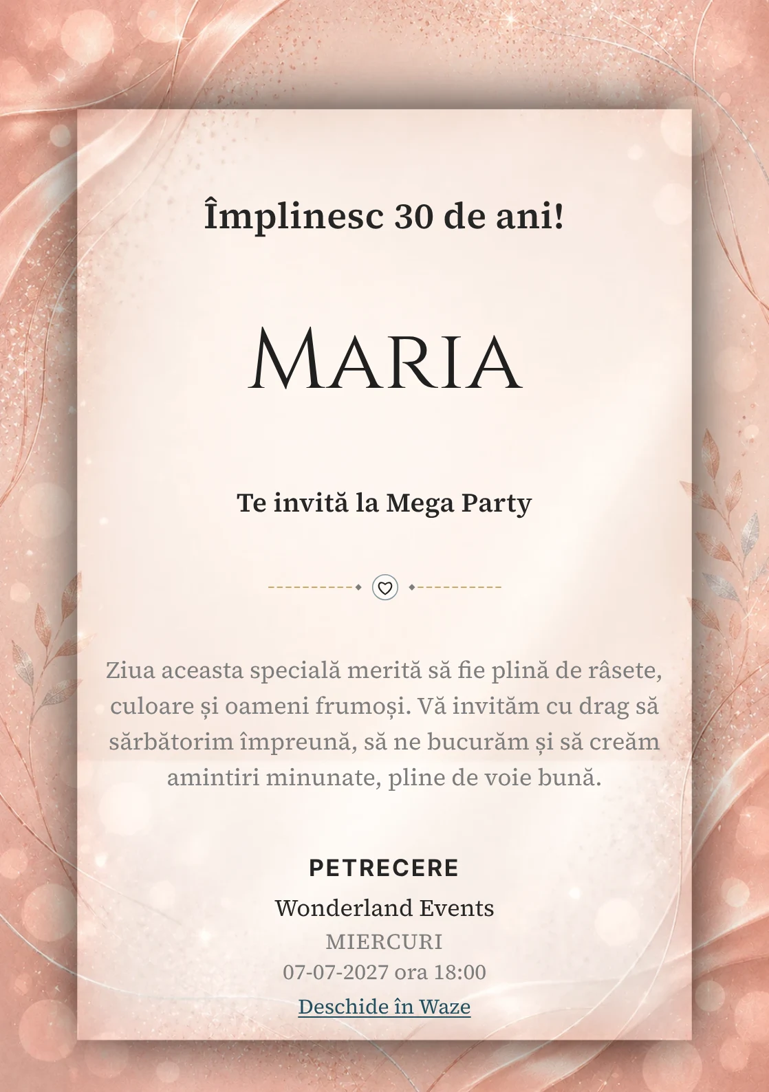Invitație la zi de naștere Rose Gold pentru adulți, cu textură satinată, lumini defocalizate și sclipiri rose-gold.