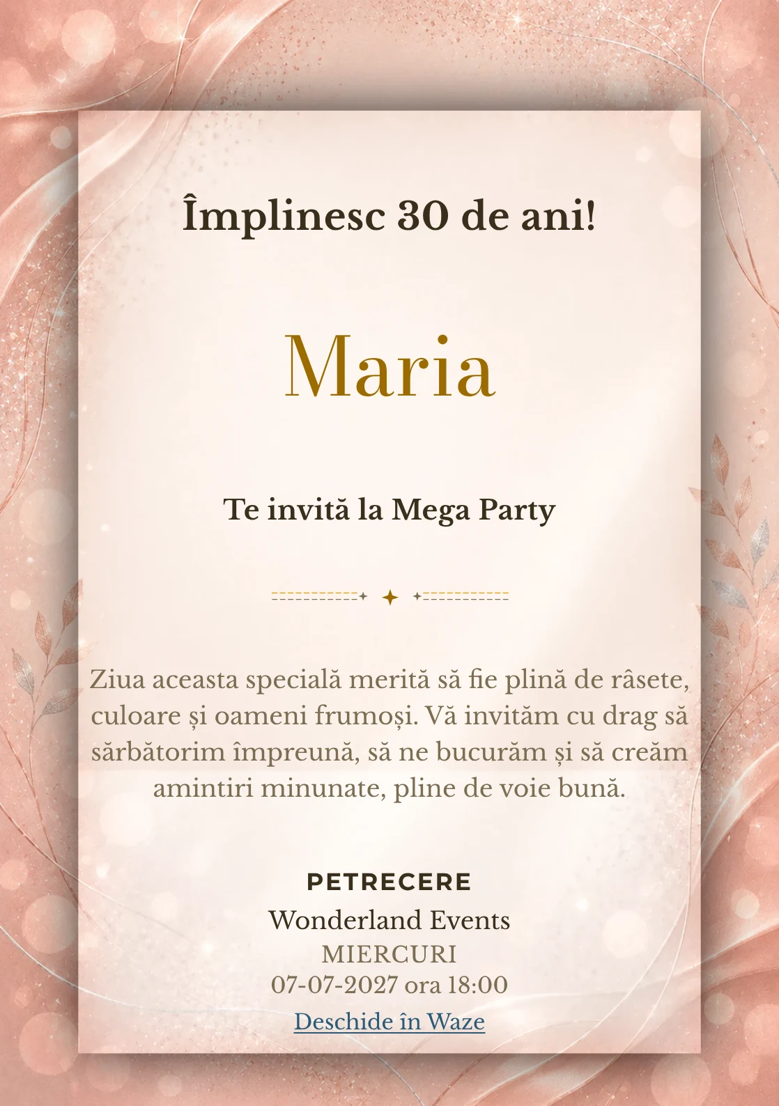 Invitație la zi de naștere Rose Gold pentru adulți, cu textură satinată, lumini defocalizate și sclipiri rose-gold.