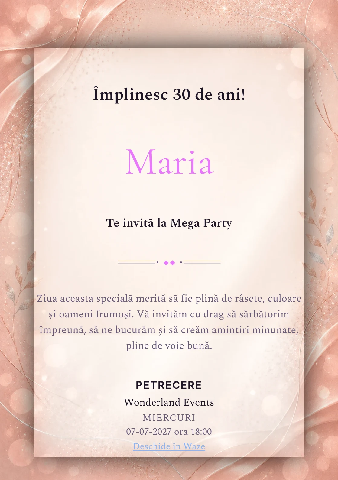 Invitație la zi de naștere Rose Gold pentru adulți, cu textură satinată, lumini defocalizate și sclipiri rose-gold.
