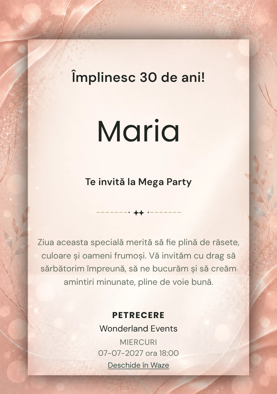 Invitație la zi de naștere Rose Gold pentru adulți, cu textură satinată, lumini defocalizate și sclipiri rose-gold.