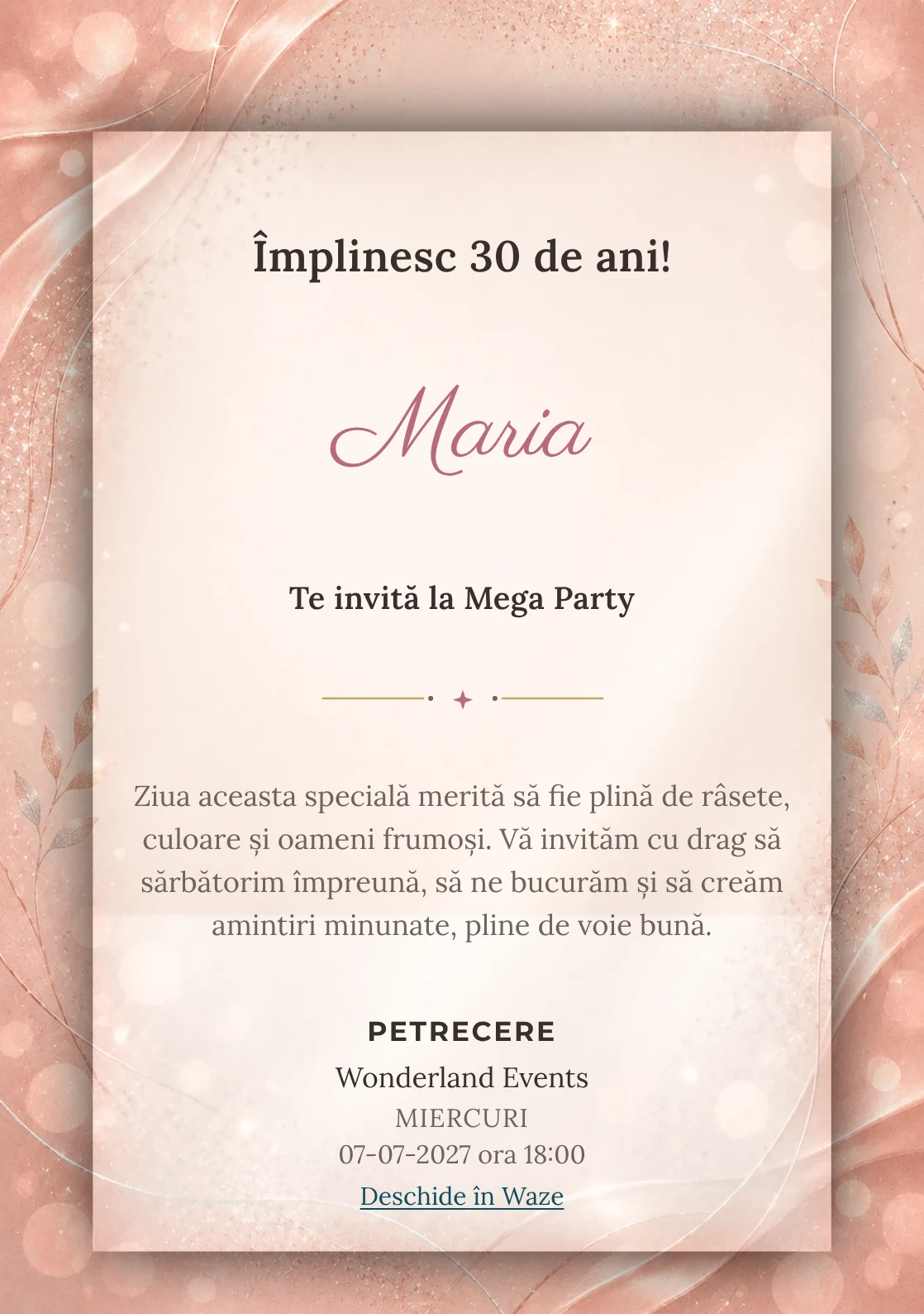 Invitație la zi de naștere Rose Gold pentru adulți, cu textură satinată, lumini defocalizate și sclipiri rose-gold.