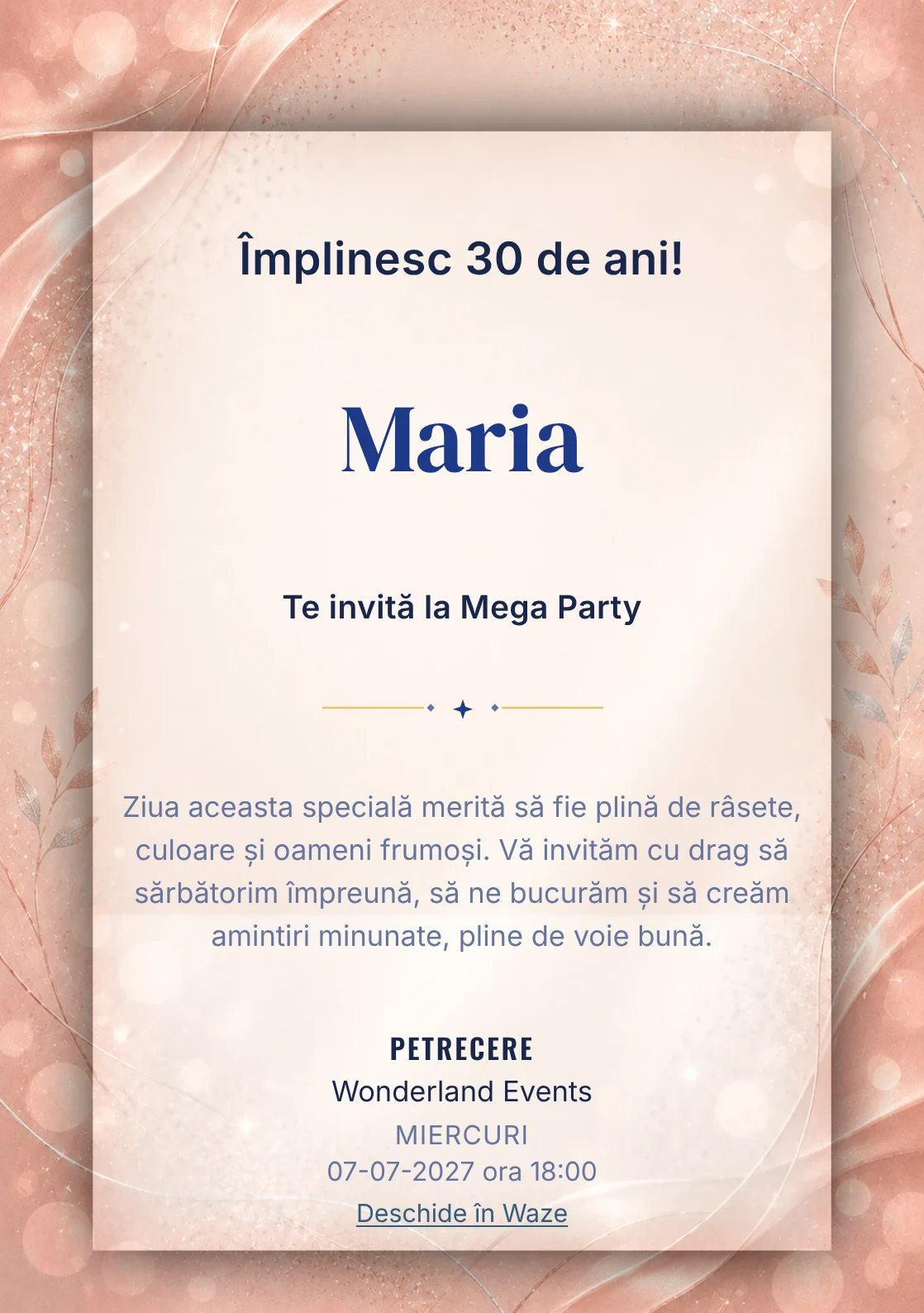 Invitație la zi de naștere Rose Gold pentru adulți, cu textură satinată, lumini defocalizate și sclipiri rose-gold.