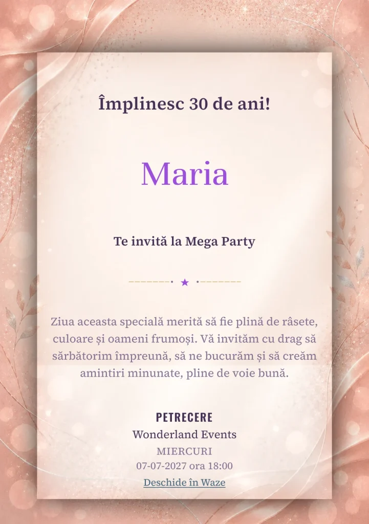 Invitație la zi de naștere Rose Gold pentru adulți, cu textură satinată, lumini defocalizate și sclipiri rose-gold.