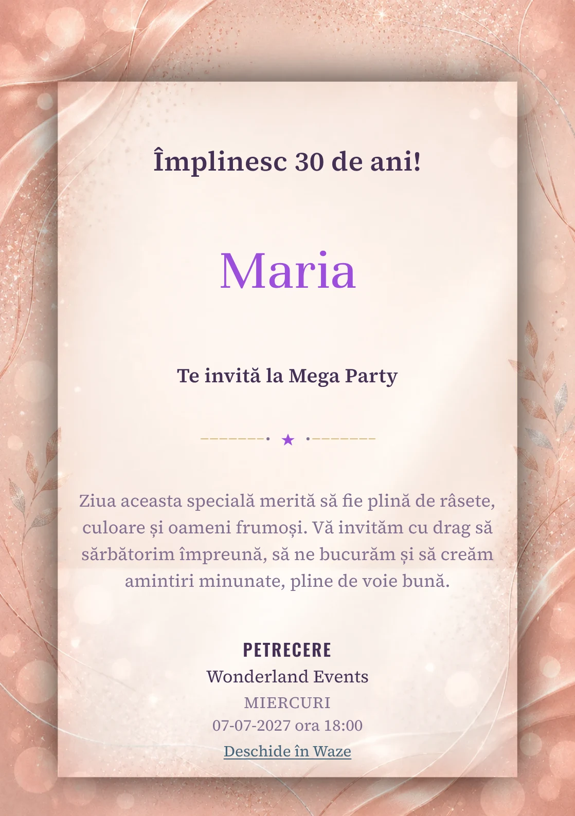 Invitație la zi de naștere Rose Gold pentru adulți, cu textură satinată, lumini defocalizate și sclipiri rose-gold.