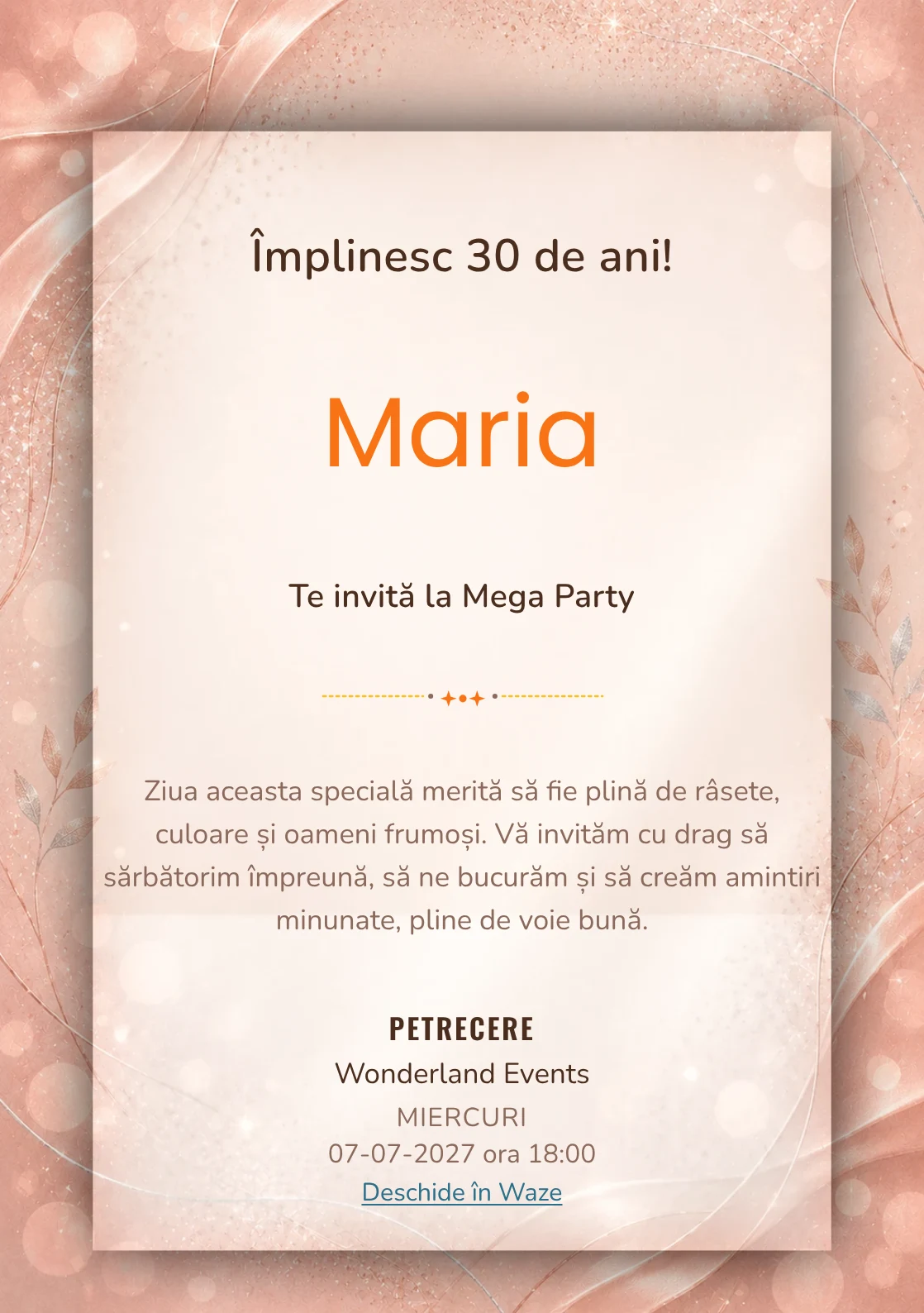 Invitație la zi de naștere Rose Gold pentru adulți, cu textură satinată, lumini defocalizate și sclipiri rose-gold.