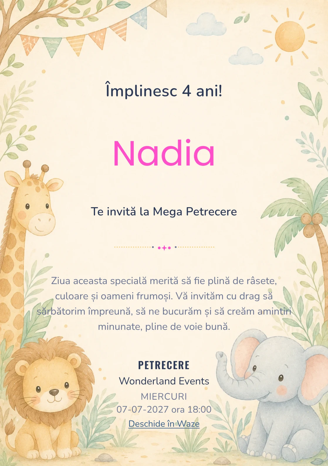 Safari Junior – invitație aniversară pentru copii, cu o girafă, leu, elefant și vegetație safari.
