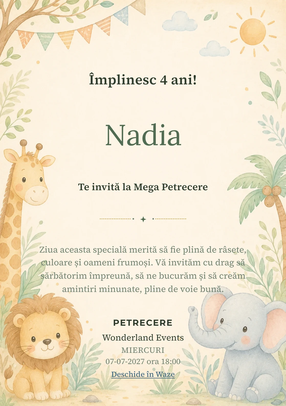 Safari Junior – invitație aniversară pentru copii, cu o girafă, leu, elefant și vegetație safari.