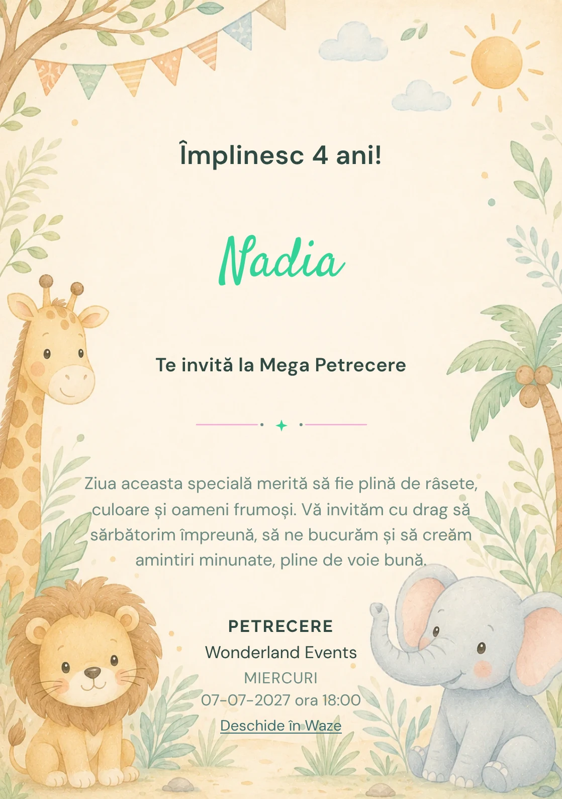 Safari Junior – invitație aniversară pentru copii, cu o girafă, leu, elefant și vegetație safari.