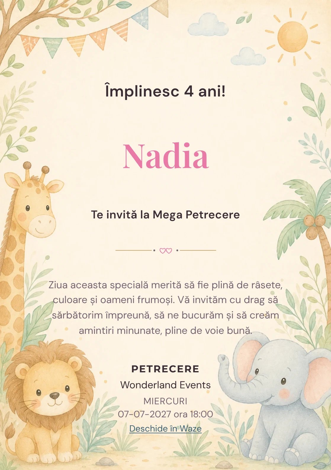 Safari Junior – invitație aniversară pentru copii, cu o girafă, leu, elefant și vegetație safari.