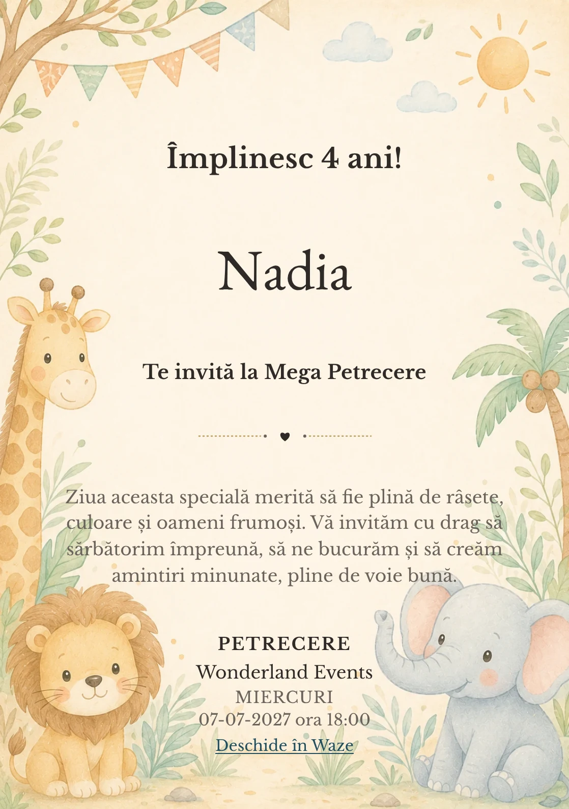 Safari Junior – invitație aniversară pentru copii, cu o girafă, leu, elefant și vegetație safari.