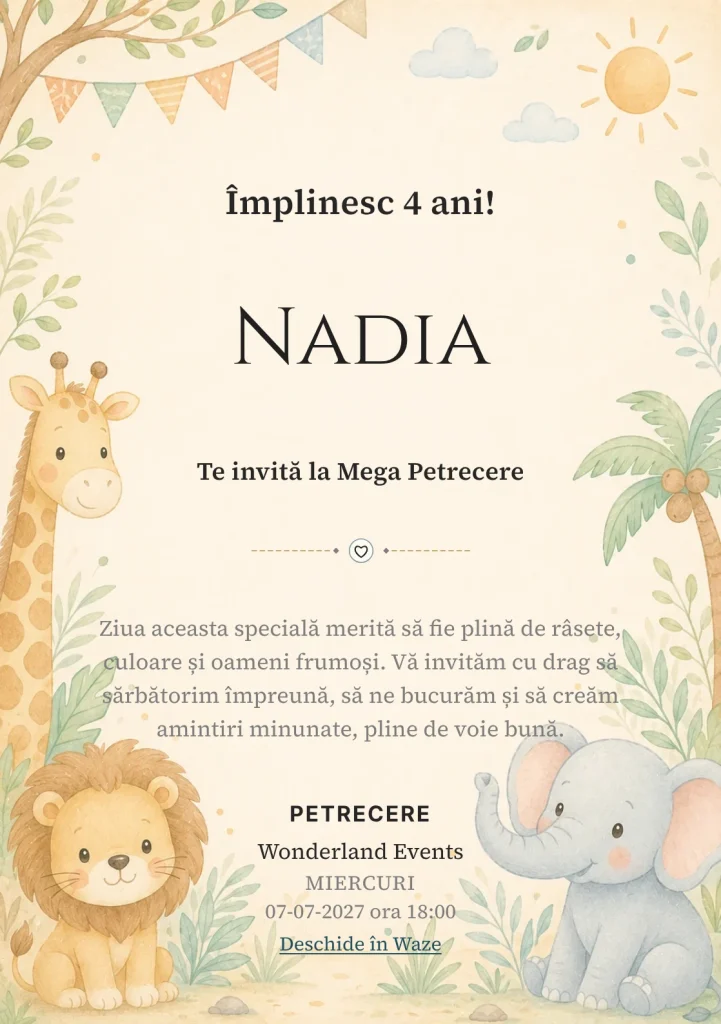 Safari Junior – invitație aniversară pentru copii, cu o girafă, leu, elefant și vegetație safari.