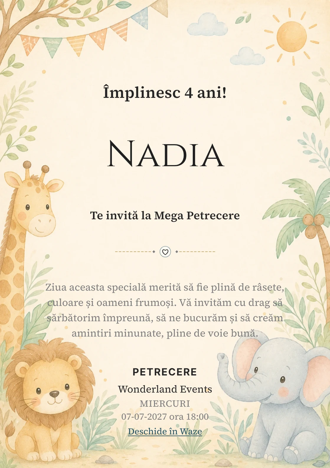 Safari Junior – invitație aniversară pentru copii, cu o girafă, leu, elefant și vegetație safari.