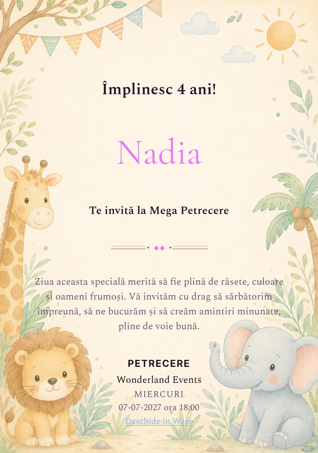Safari Junior – invitație aniversară pentru copii, cu o girafă, leu, elefant și vegetație safari.