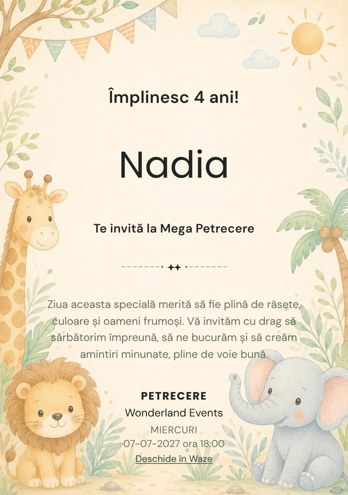 Safari Junior – invitație aniversară pentru copii, cu o girafă, leu, elefant și vegetație safari.