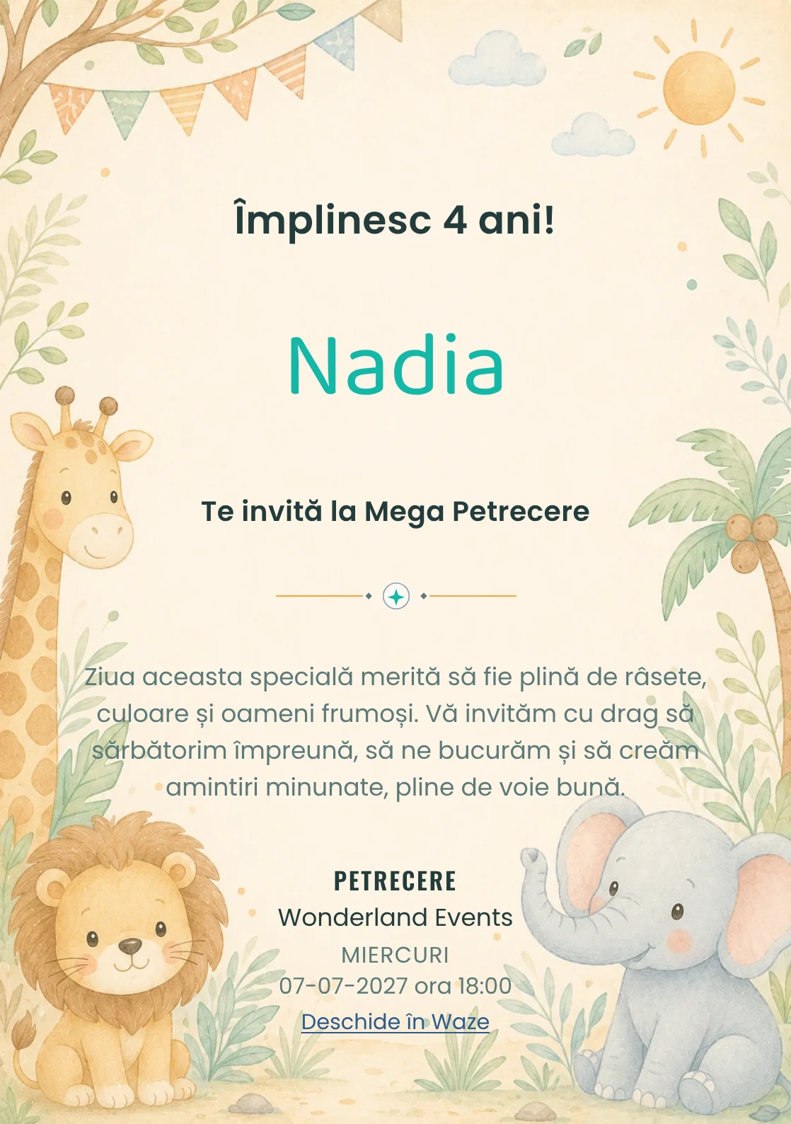 Safari Junior – invitație aniversară pentru copii, cu o girafă, leu, elefant și vegetație safari.