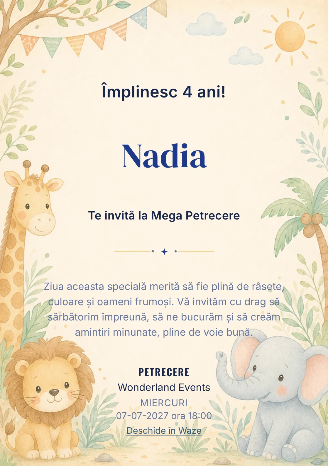 Safari Junior – invitație aniversară pentru copii, cu o girafă, leu, elefant și vegetație safari.