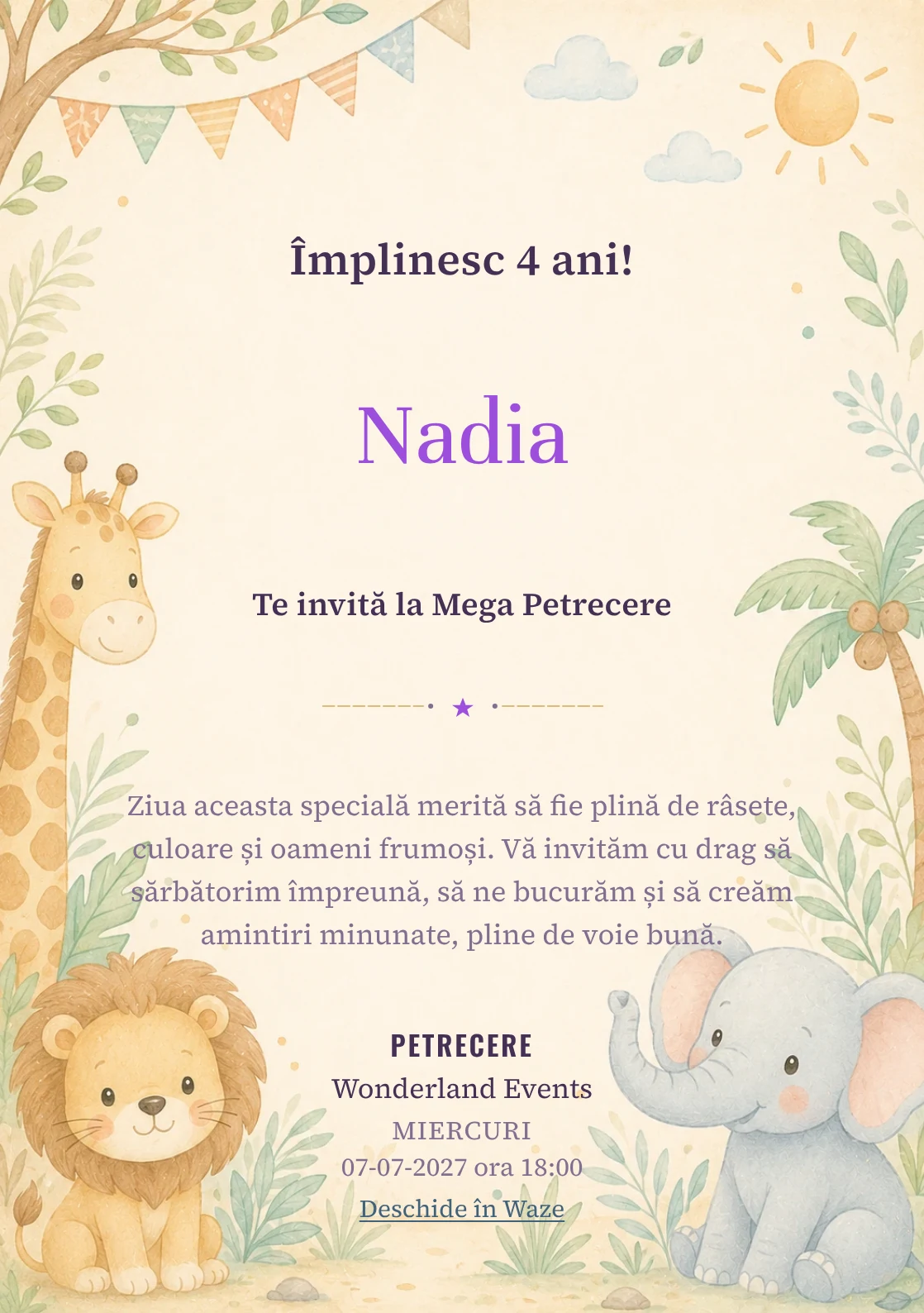 Safari Junior – invitație aniversară pentru copii, cu o girafă, leu, elefant și vegetație safari.