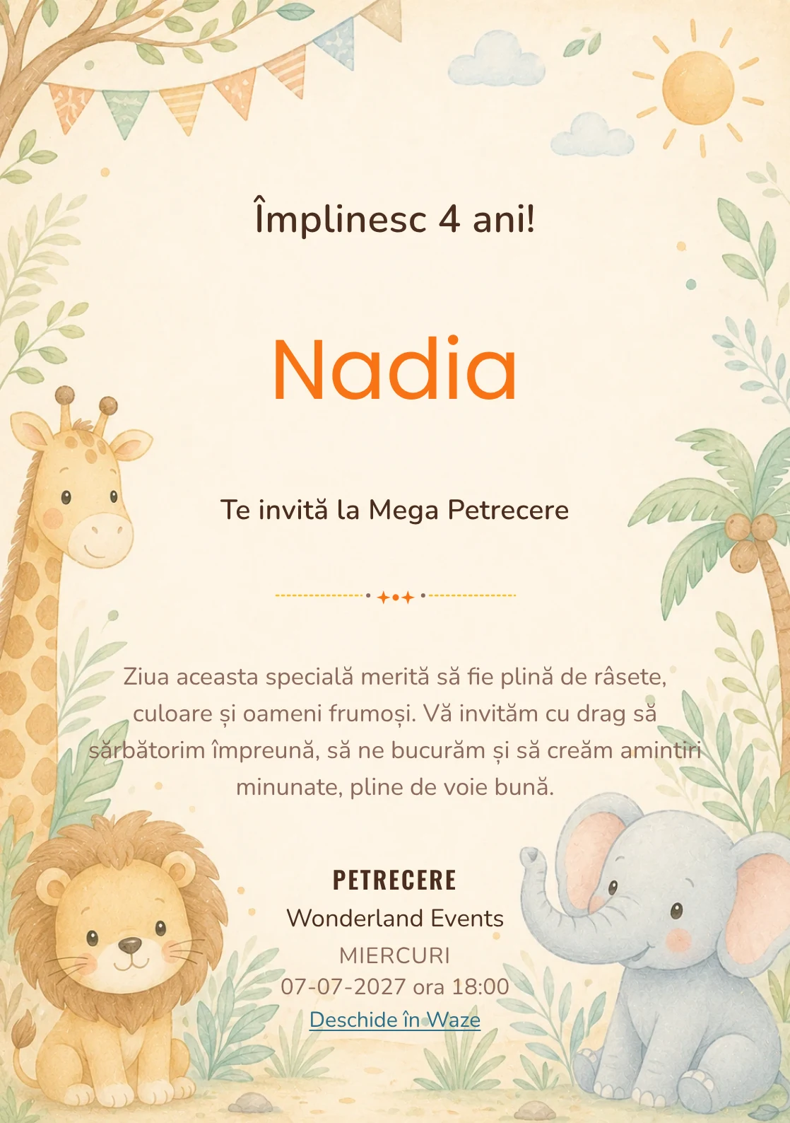 Safari Junior – invitație aniversară pentru copii, cu o girafă, leu, elefant și vegetație safari.