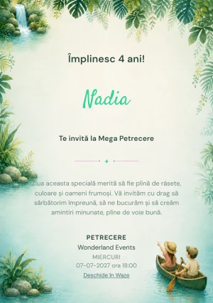 Invitație la zi de naștere Secretul Cascadei pentru copii, cu o canoe și două personaje discrete.