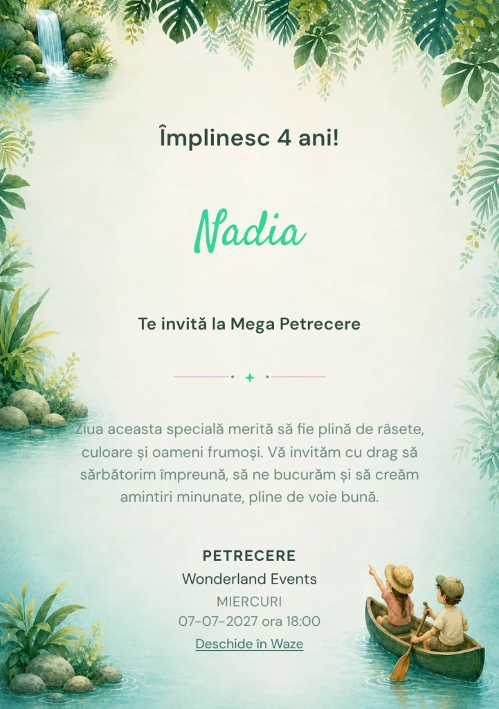 Invitație la zi de naștere Secretul Cascadei pentru copii, cu o canoe și două personaje discrete.