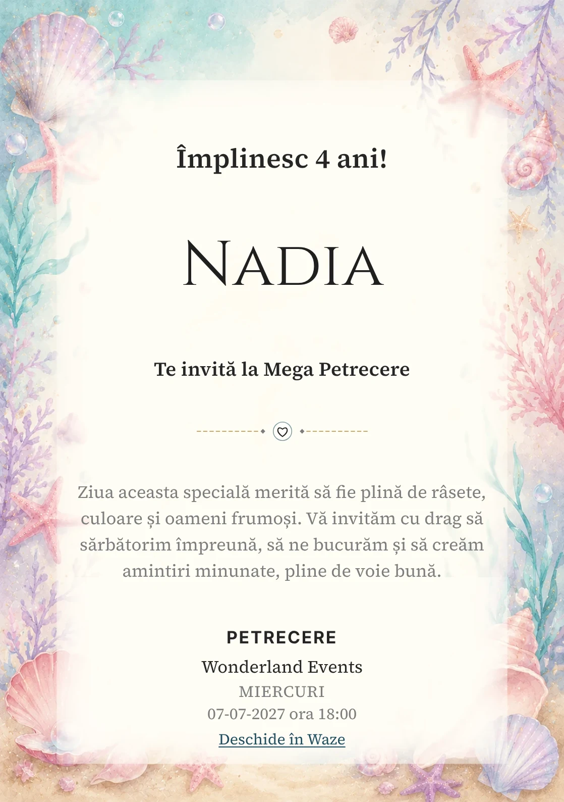 Sirene Jucăușe, invitație de zi de naștere pentru copii, cu o sirenă transparentă, scoici și stele de mare.