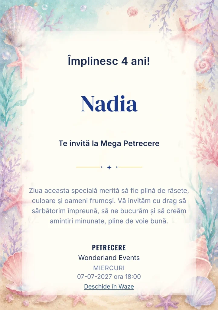 Sirene Jucăușe, invitație de zi de naștere pentru copii, cu o sirenă transparentă, scoici și stele de mare.