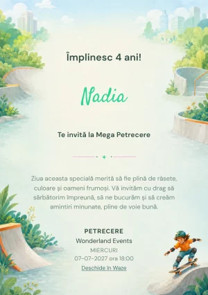 Invitație la zi de naștere Skate în Orașul Verde pentru copii, cu un copil pe skateboard fără marcă.