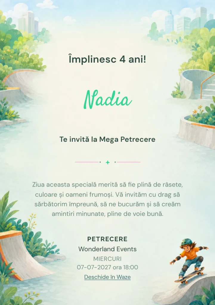 Invitație la zi de naștere Skate în Orașul Verde pentru copii, cu un copil pe skateboard fără marcă.