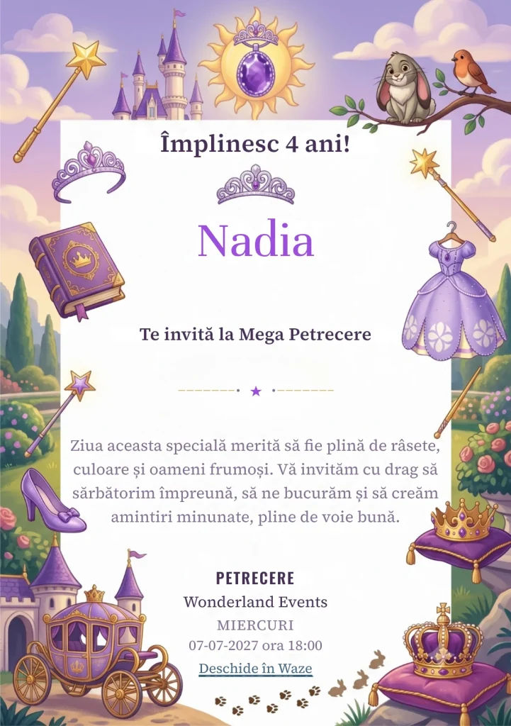Sofia the First – Prințesa Liliachie – invitație aniversară pentru copii, cu o prințesă, castel, bijuterii și elemente magice liliachii.