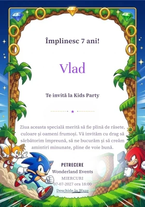 Modelul Sonic – Cursa Ariciului Albastru, invitație de zi de naștere pentru copii, prezintă personaje rapide, inele aurii, peisaj tropical și elemente de cursă.