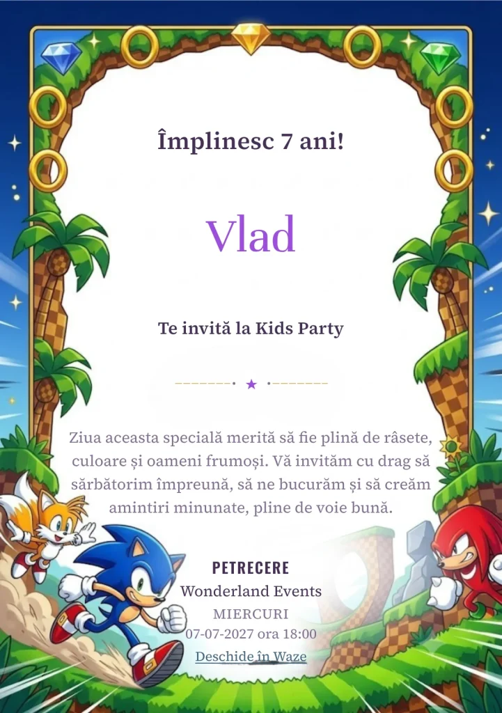 Modelul Sonic – Cursa Ariciului Albastru, invitație de zi de naștere pentru copii, prezintă personaje rapide, inele aurii, peisaj tropical și elemente de cursă.