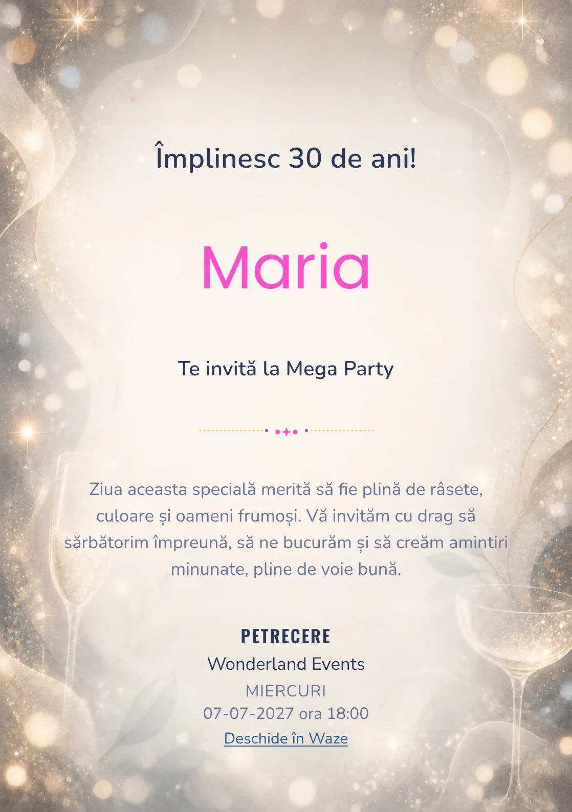 Sparkling Mood, invitație de zi de naștere pentru adulți, cu sclipiri fine, lumini defocalizate și pahare abstracte.