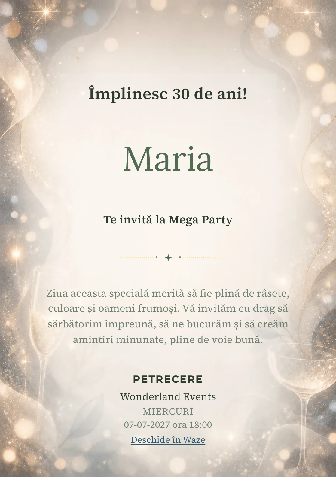 Sparkling Mood, invitație de zi de naștere pentru adulți, cu sclipiri fine, lumini defocalizate și pahare abstracte.