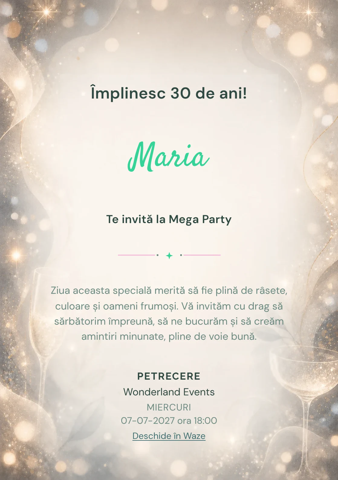 Sparkling Mood, invitație de zi de naștere pentru adulți, cu sclipiri fine, lumini defocalizate și pahare abstracte.