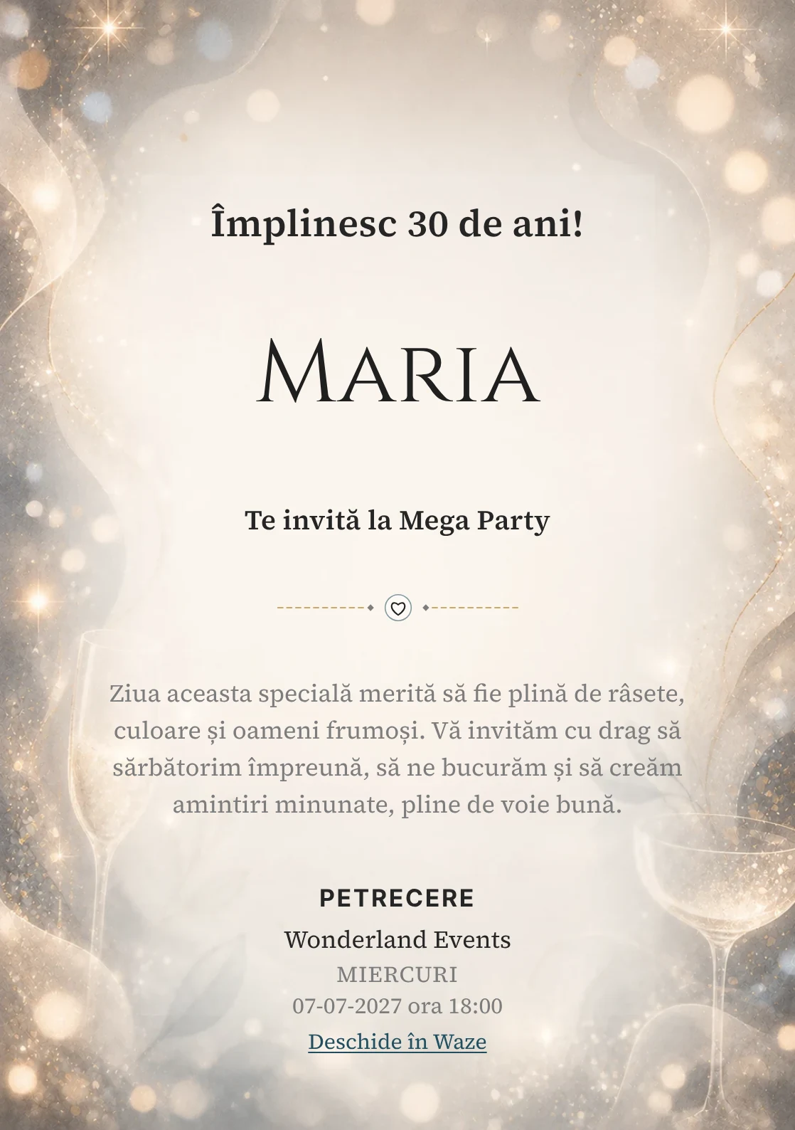 Sparkling Mood, invitație de zi de naștere pentru adulți, cu sclipiri fine, lumini defocalizate și pahare abstracte.