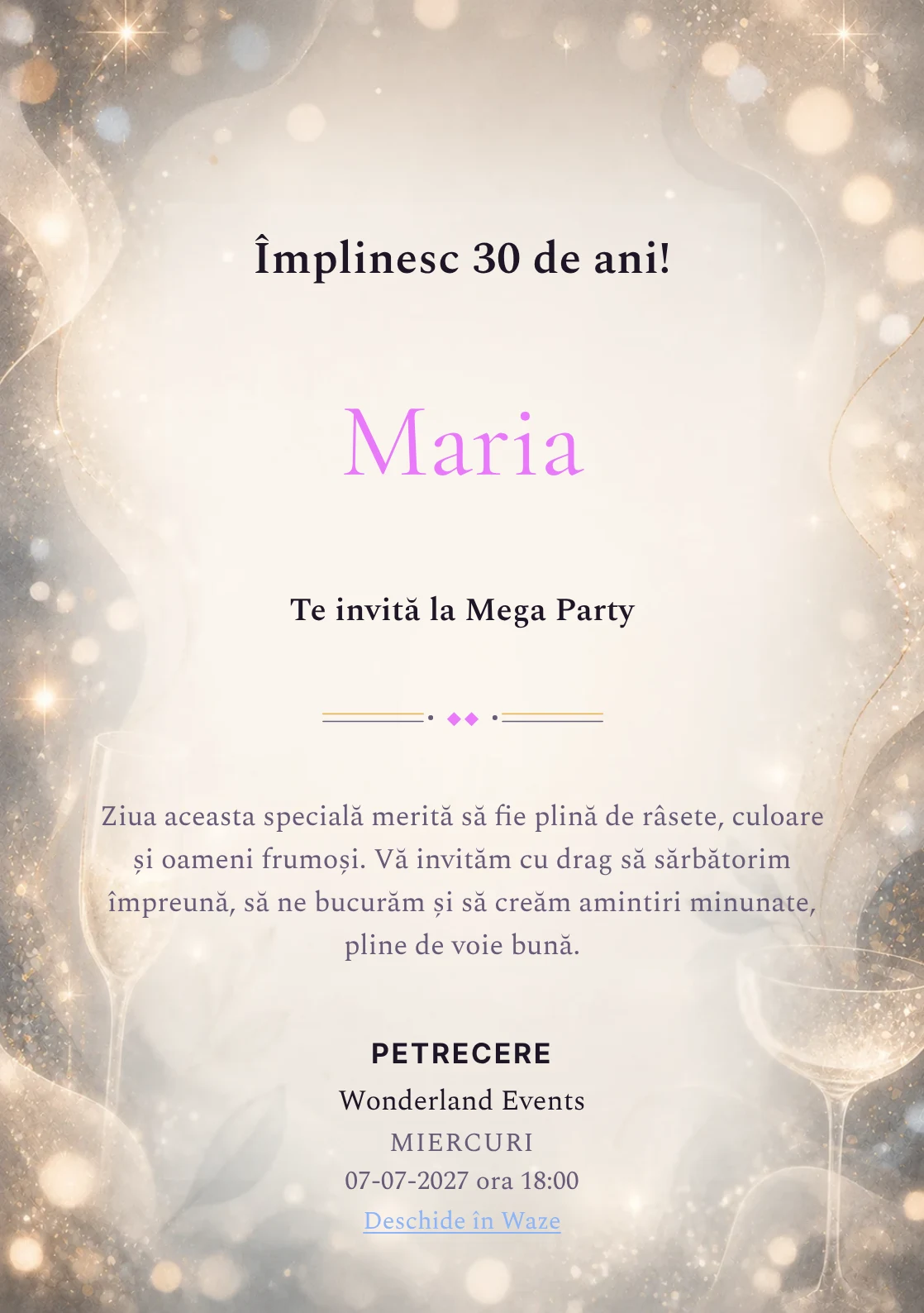 Sparkling Mood, invitație de zi de naștere pentru adulți, cu sclipiri fine, lumini defocalizate și pahare abstracte.